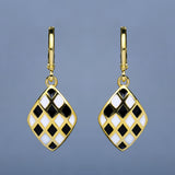 Handmade Enamel Exquisite Diamond Black and White Plaid 925 Silver Earrings