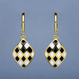 Handmade Enamel Exquisite Diamond Black and White Plaid 925 Silver Earrings