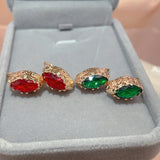 14 Karat Rolled Gold Red Green Horse Eye AAA Zircon Crystal Vintage Earrings For Women