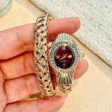 Snake Head Embellished Crystals Hollow-Out Woven Steel Bracelet Women's Watch
