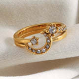 18K Gold Plated Stainless Steel Creative Design Shiny Rhinestone Moon Star Ring
