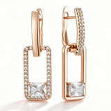 14 Karat Rolled Gold Shiny White AAA Zircon Diamonds Square Long Drop Earrings For Women