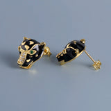 Exquisite Handmade Enamel Black Leopard Green Spinel White AAA Zircon Earrings