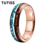 Inlaid Hawaiian Koa Wood Sky Blue Crystal Stone 6/8mm Tungsten Carbide Rings