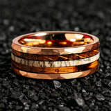 Classic Whiskey Barrel Oak Wood Deer Antler Inlay Tungsten Rings for Men Women