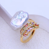 Big Baroque Natural Freshwater Pearl AAA Zircon Crystals Gold Colour Rings