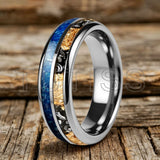 Polishing Dome Blue Glass Stone Meteorite Gold Foil Inlay 6mm 8mm Tungsten Rings