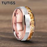 Dome Double Groove Inlaid Golden Crystal Stone Mother Of Pearl Shell 6/8mm Tungsten Ring