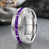 Purple Crystal Stone Inlay Brushed Finish Silver Finish 6/8MM Tungsten Rings