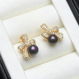Beautiful Bow Design Real Pearl AAA Zircon Diamonds Silver Gold Colour Stud Earrings