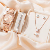 New Luxury Watch Bracelet Ring Necklace Earrings 6PCS Set - Rhinestone Fashion  Casual Ladies Watches Set 