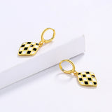 Handmade Enamel Exquisite Diamond Black and White Plaid 925 Silver Earrings