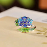 Lucky Lotus Flower Handmade Ethnic Style Coloured Enamel Leaf Ring