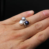 Genuine Pink Black White Purple Grey Real Silver AAA Zircon Diamonds Pearl Rings