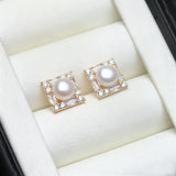 Square Design Real Multicolour Pearls AAA Zircon Diamonds Silver Stud Earrings