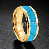 Blocky Turquoise Inlay Polished Bevel Edges Tungsten Carbide Rings for Men Women