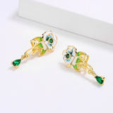 Fashion Handmade Enamel Green Pendant Flower Shape AAA Zircon Crystal Earrings
