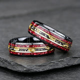 Unique Red Garnet & Meteorite Gold Foil Inlaid With Two-tone Tungsten Wedding Rings