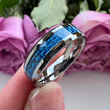 New Beveled White/Blue Carbon Fiber Inlay Fashion 6/8mm Comfort Fit Tungsten Carbide Wedding Rings for Men and Women - The Jewellery Supermarket