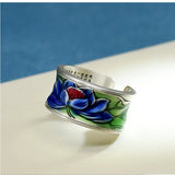 Wide Face Enamel Colourful Lotus Adjustable Open Style Retro Ethnic Handmade Ring