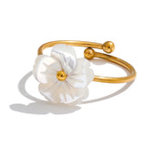 18K Gold Plated Fashion Sweet Stainless Steel Natural Shell Flower Adjustable Ring