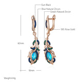 14 Karat Rolled Gold Blue AAA Zircon Crystals Flower Long Drop Earrings For Women