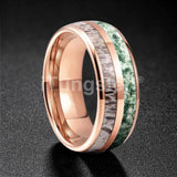 Polished Bevel Edges Deer Antler And Moss Agate Inlay 6/8mm Tungsten Carbide Rings