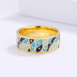 Classic Wide Gold Ring Blue Epoxy Handmade Enamel Small Fish Shape Ring