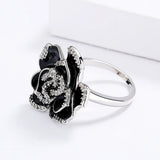 Elegant Unique Black Flower Handmade Enamel AAA Zircon Diamonds Ring