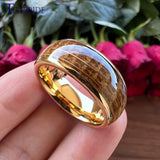Whiskey Barrel Oak Wood Inlay Domed Polished Tungsten Engagement Wedding Rings