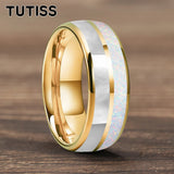Dome Double Groove Inlaid With White Opal Stone Mother Of Pearl Shell Tungsten Rings