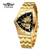 New Designer Luxury Triangle Skeleton Automatic Movement Business Gold Stainless Steel Mechanical Fashion Watches