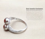 Luxury Real Pink Black White Purple Double Pearl AAA Zircon Diamonds Silver Rings