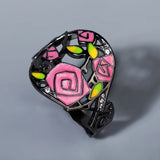 Fashion Handmade Enamel AAA Zircon Diamonds Black Rose Flower Hand-painted Ring