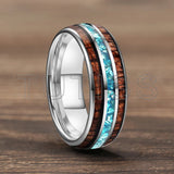 Inlaid Hawaiian Koa Wood Sky Blue Crystal Stone 6/8mm Tungsten Carbide Rings