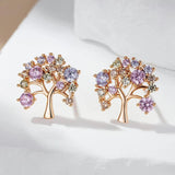 Charming 14K Rolled Rose Gold Fashion Exquisite Colorful Lucky Tree with AAA Zircon Crystals Stud Earrings