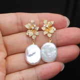 Flower Design Real Baroque White Pink Pearl AAA Zircon Diamonds Silver Earrings