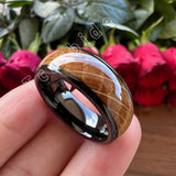 Whiskey Barrel Oak Wood Inlay Domed Polished Tungsten Engagement Wedding Rings
