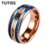 Polishing Dome Blue Glass Stone Meteorite Gold Foil Inlay 6mm 8mm Tungsten Rings