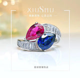 Charming Double Stone Colour Contrast Water Drop Lab Created Ruby Sapphire Versatile Personality Big Rings - The Jewellery Supermarket