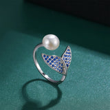 White Pearl Mermaid Tail AAA Blue Cubic Zirconia Crystals Open Silver Ring