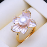 Pearl Flower 18KGP Five Pinkish-White Enamel Floral Petals AAA Zircon Diamonds Rings