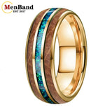 Inlaid Whiskey Barrel Wood and Blue-Green Opal 6/8MM Men Women Tungsten Rings