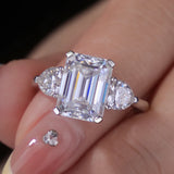 3 Stone 2 - 4CT Emerald Cut VVS1 D Colour Moissanite Diamond Silver Engagement Ring