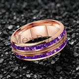 Purple Crystal Stone and Guitar String Inlay 8mm Tungsten Carbide Rings Men Women