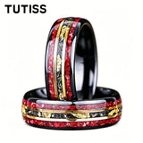 Unique Red Garnet & Meteorite Gold Foil Inlaid With Two-tone Tungsten Wedding Rings