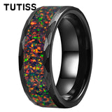 Hammered Tungsten Black Fire Opal Inlay 8mm Tungsten Engagement Ring for Men Women