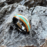 Amazing Whiskey Barrel Oak Wood Crushed Turquoise Inlay Tungsten Carbide Rings