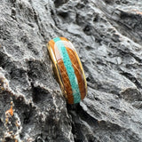 Amazing Whiskey Barrel Oak Wood Crushed Turquoise Inlay Tungsten Carbide Rings