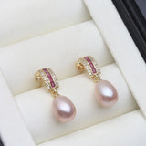 Curved Bar Silver Multicolour Real Pearl Red and Clear AAA zirconia Dangle Earrings